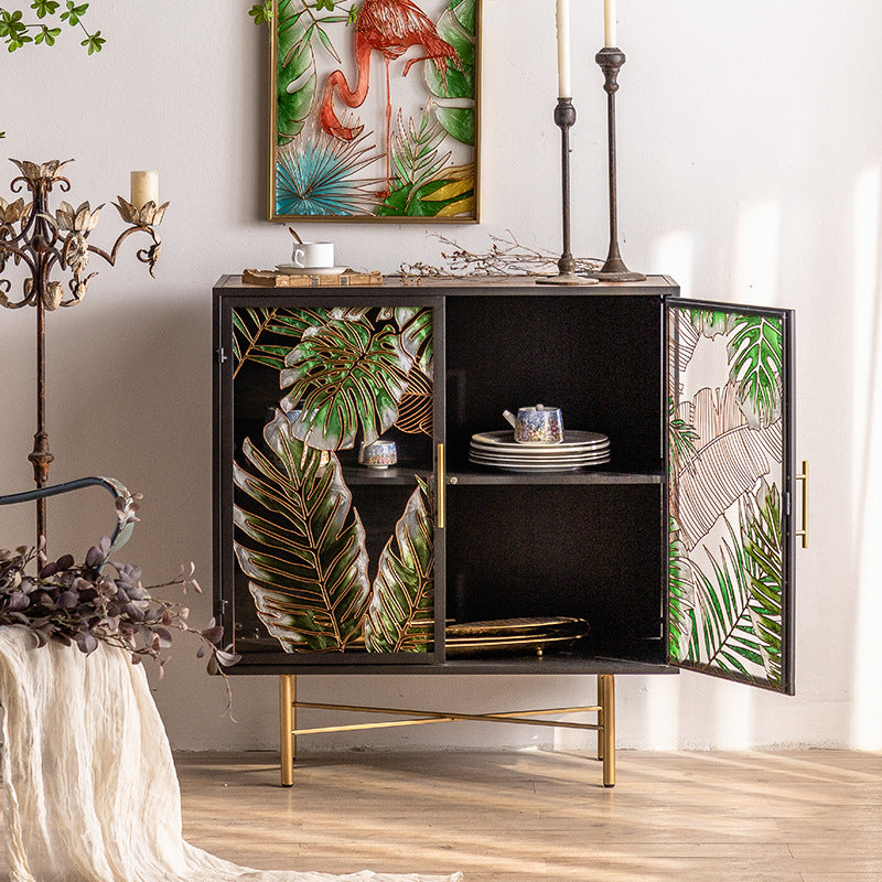 Tropical Glass Door Cabinet with Metal Frame - A Boho Chic Statement