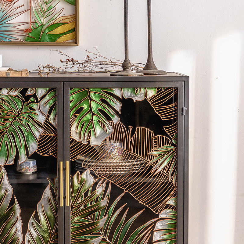Tropical Glass Door Cabinet with Metal Frame - A Boho Chic Statement