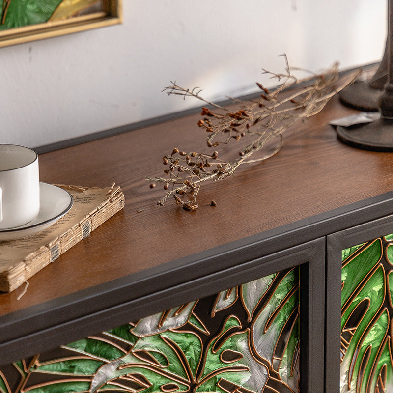 Tropical Glass Door Cabinet with Metal Frame - A Boho Chic Statement