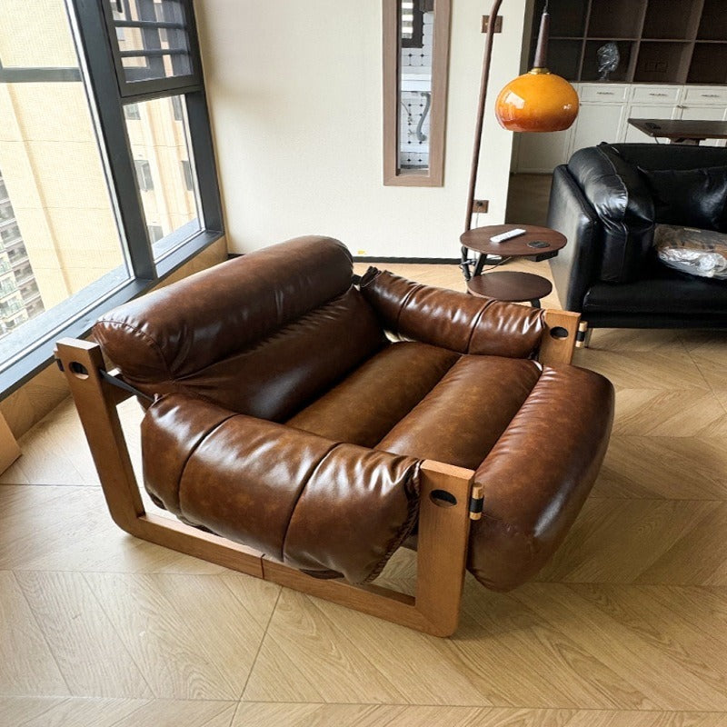 Vintage Leather Armchair - Mid-Century Modern Style with Wooden Frame