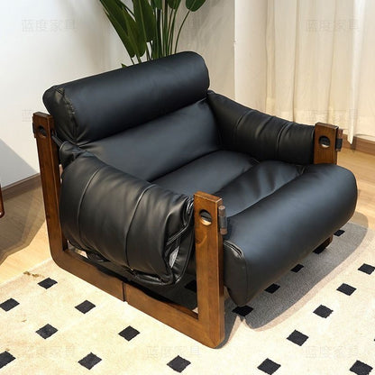 Vintage Leather Armchair - Mid-Century Modern Style with Wooden Frame