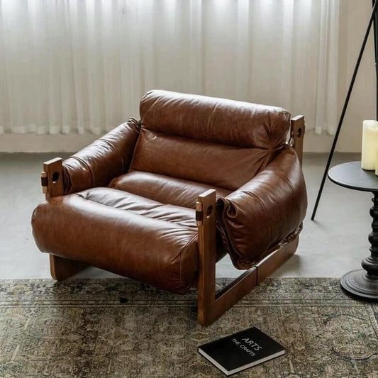 Vintage Leather Armchair - Mid-Century Modern Style with Wooden Frame