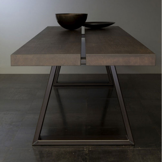 Industrial Chic Dining Table with Sleek Metal Base - Solid Wood Top