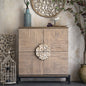 Rustic Wooden Cabinet with Intricate Carving and Metal Base