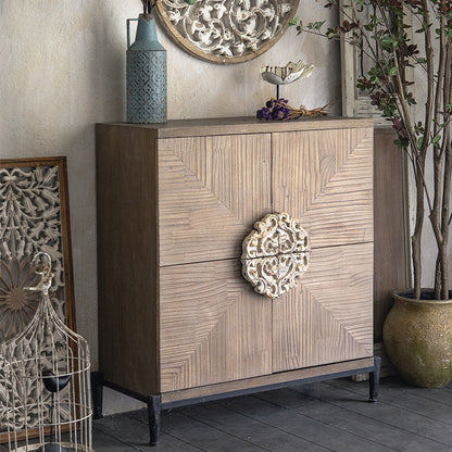 Rustic Wooden Cabinet with Intricate Carving and Metal Base