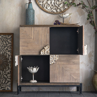 Rustic Wooden Cabinet with Intricate Carving and Metal Base