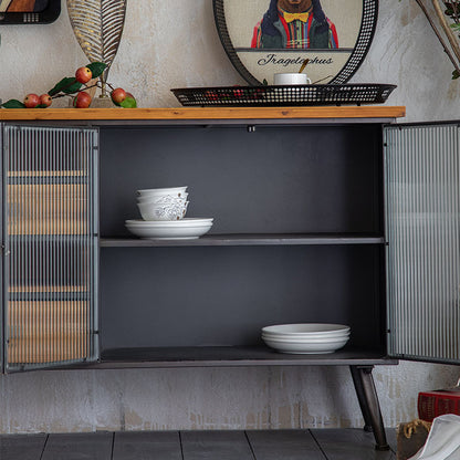 Industrial Sideboard with Glass Doors and Metal Frame