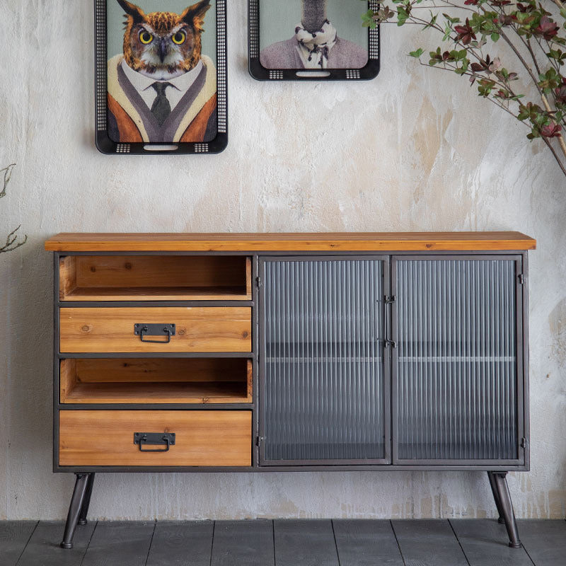 Industrial Sideboard with Glass Doors and Metal Frame