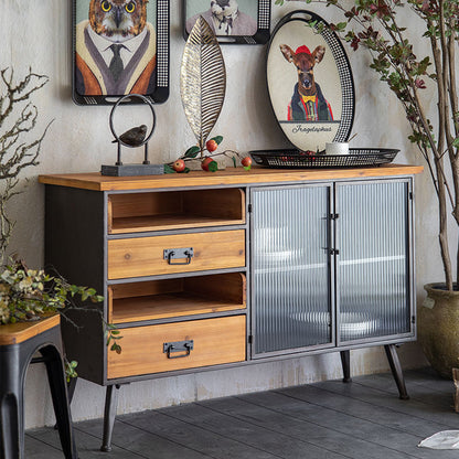 Industrial Sideboard with Glass Doors and Metal Frame