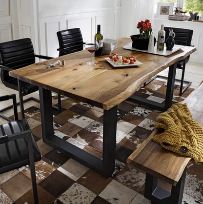 Rustic Wood Dining Table with Industrial Metal Base - Natural Edge Design