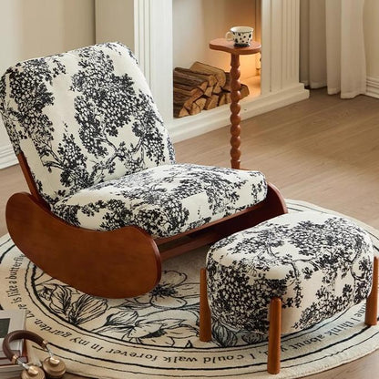 Rocking Floral Comfort Recliners with Ottoman - Stylish Wooden Rocker with Patterned Cushions