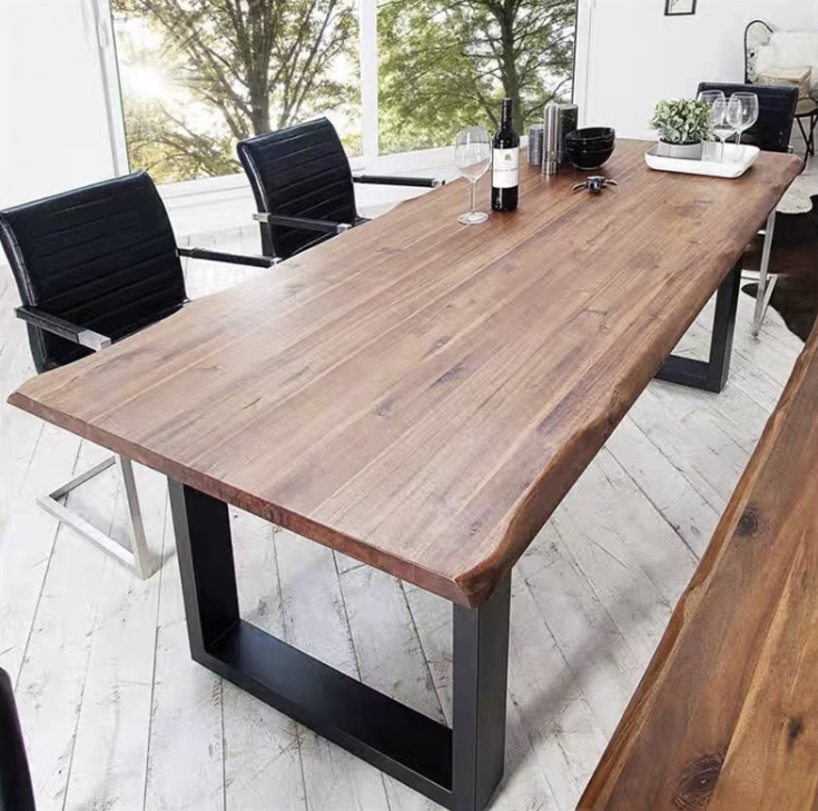 Rustic Wood Dining Table with Industrial Metal Base - Natural Edge Design