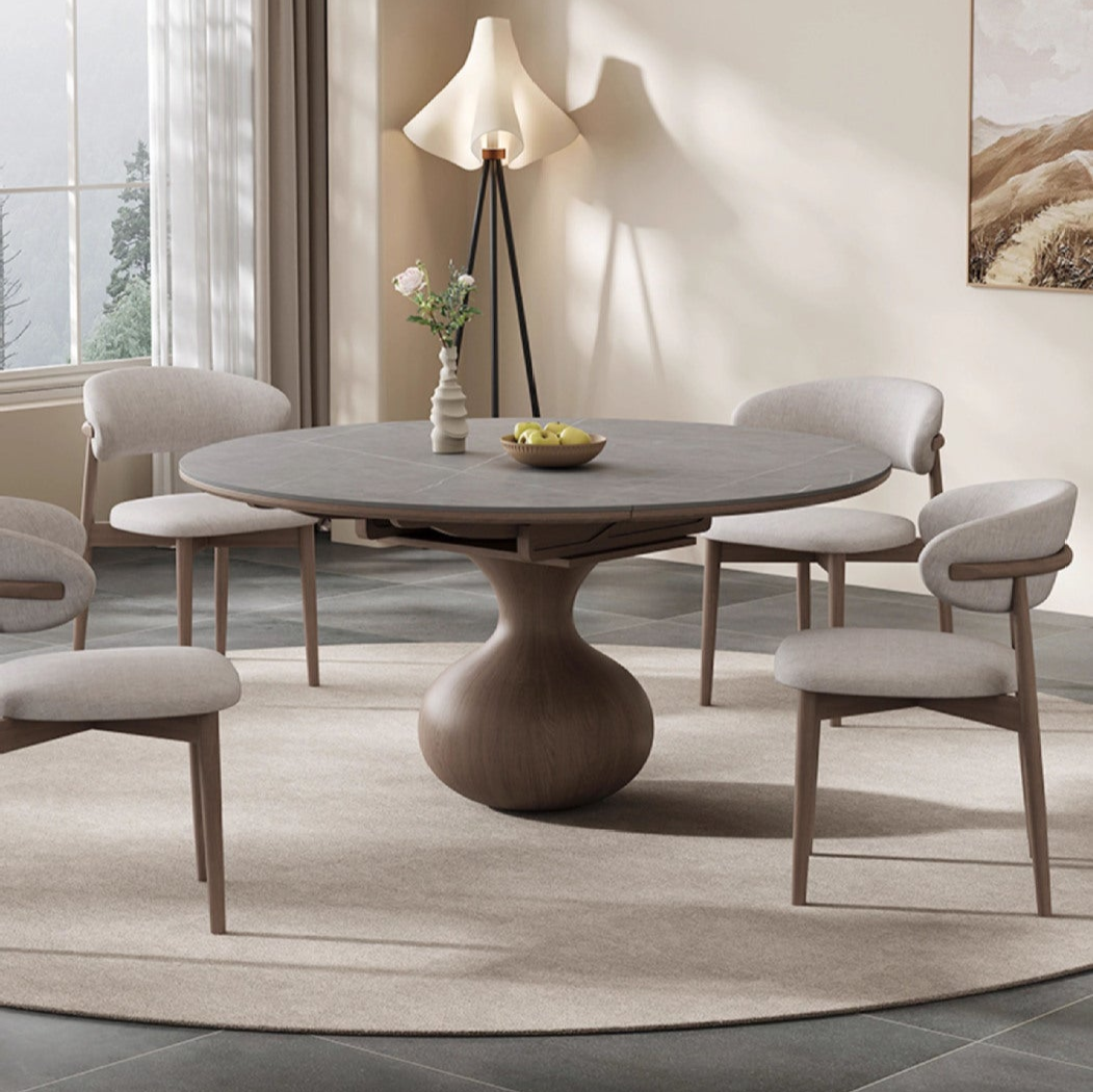 Extendable Round Dining Table Set - Durable Rock Slab Top with Unique Wooden Base