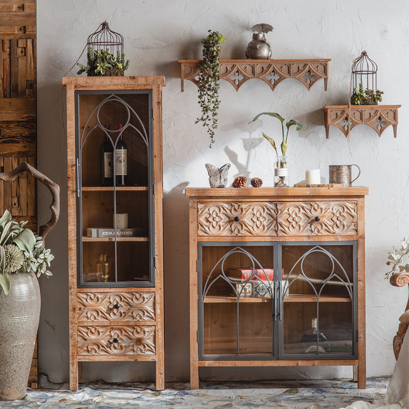 Rustic Industrial Cabinet Set with Glass Doors and Intricate Carvings