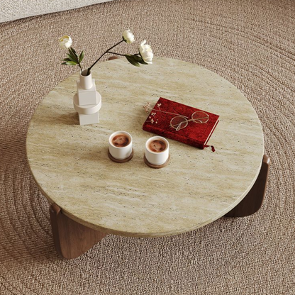 Cream Travertine Top with Wood Base - Modern Stone Living Room Table