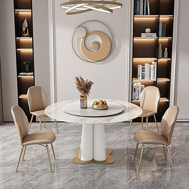 Modern Minimalist Ceramic Stone Round Dining Table with Rotating Tray - Glossy Finish