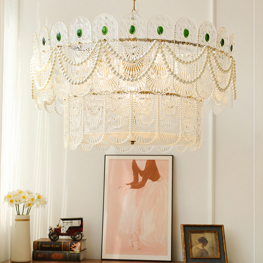 Art Deco Chandelier with Green Accents - Vintage Glamor