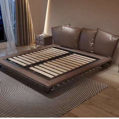 Luxury Minimalist Leather Bed Frame With Wave-Shaped Headboard