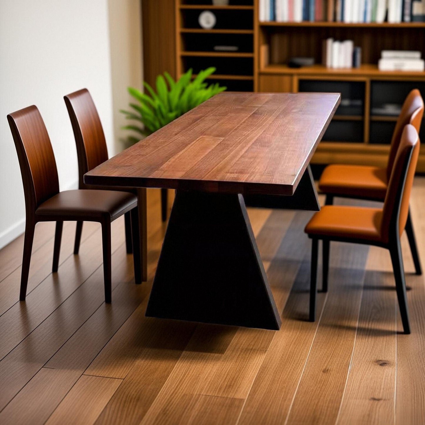 Rustic Pine Dining Table with Sleek Stainless Steel Base