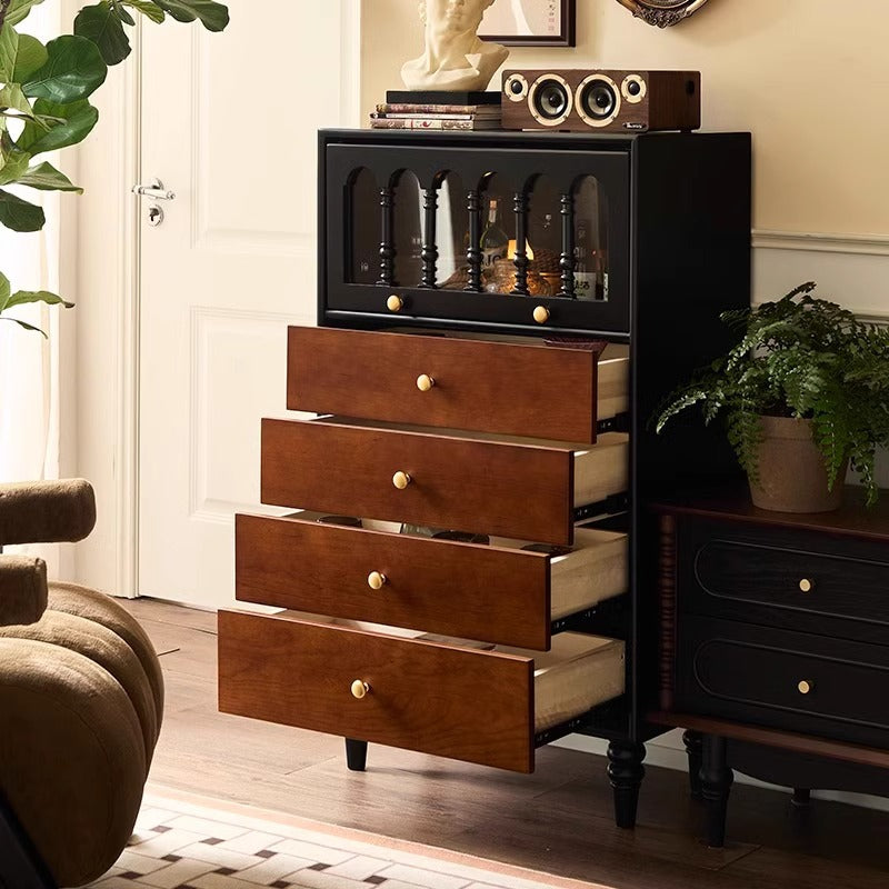 Vintage-Inspired Tall Chest of Drawers with Glass-Front Cabinet