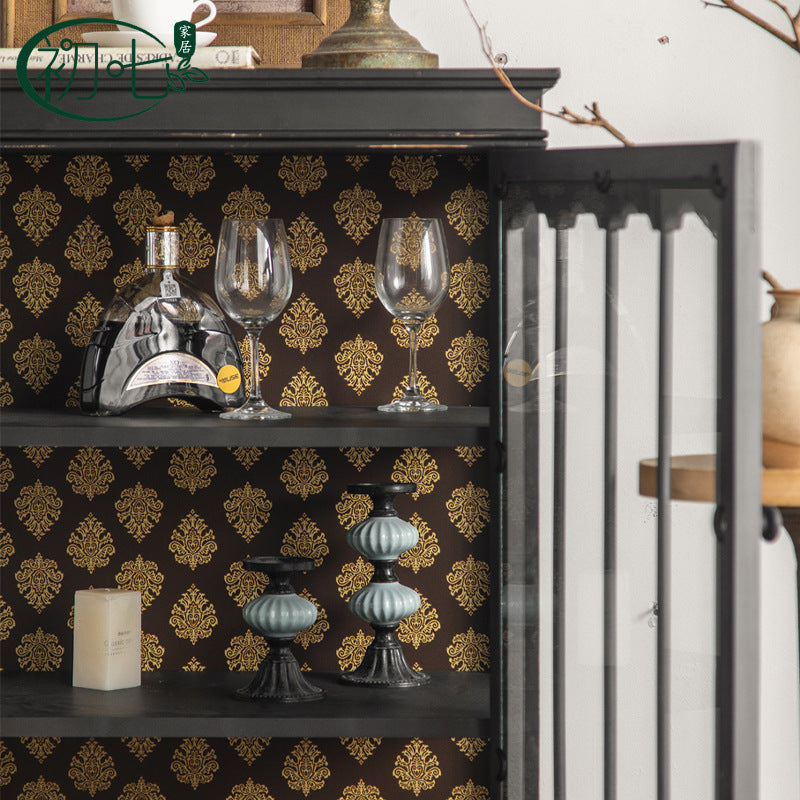 Vintage-Inspired Display Cabinet with Glass Doors and Gold Accents