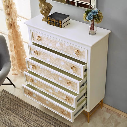 Elegant White Chest of Drawers with Gold Accents and Pearl Inlay