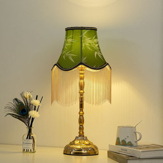 Vintage Green Table Lamp with Fringe - A Touch of Bohemian Elegance