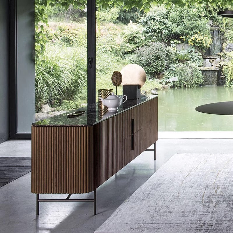 Modern Sideboard with Marble Top and Vertical Wood Slats