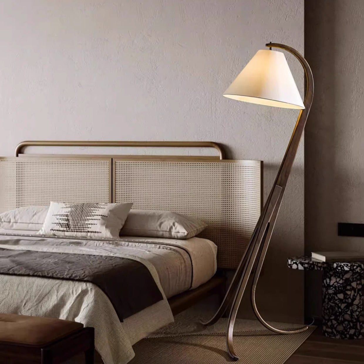 Curved Wooden Floor Lamp with Cone Shade - A Mid-Century Modern Gem