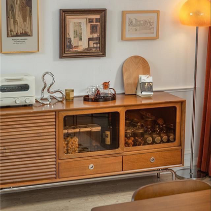 Mid-Century Modern Sideboard with Sliding Door and Glass Cabinet