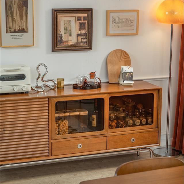 Mid-Century Modern Sideboard with Sliding Door and Glass Cabinet