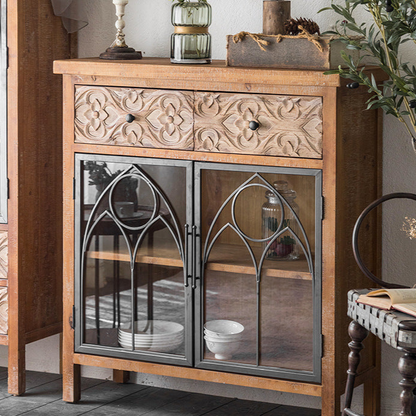 Rustic Industrial Cabinet Set with Glass Doors and Intricate Carvings