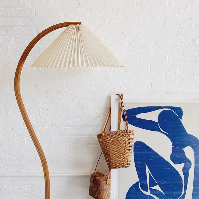 Curved Wooden Floor Lamp with Pleated Shade - A Mid-Century Modern Gem