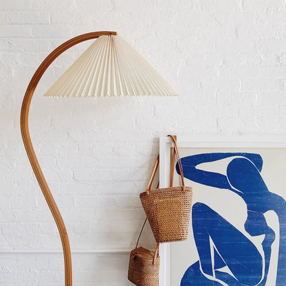 Curved Wooden Floor Lamp with Pleated Shade - A Mid-Century Modern Gem