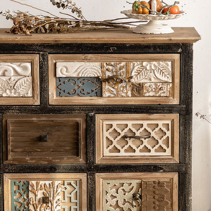 Rustic Sideboard with Intricate Carved Details and Mixed Media