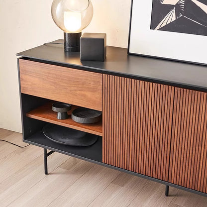 Mid-Century Modern Sideboard with Vertical Slat Design and Black Metal Base