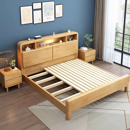 All-Solid Wood Double Bed with Storage - Modern Minimalist Design