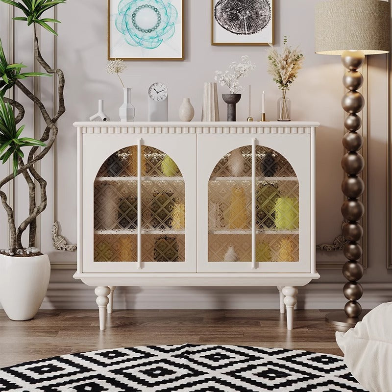 Vintage-Inspired White Cabinet with Arched Glass Doors