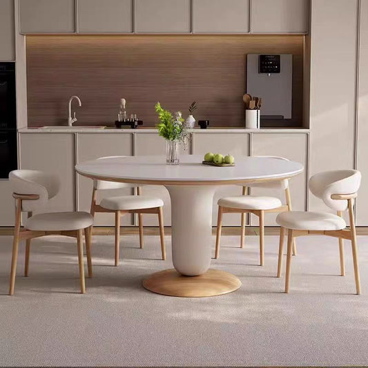 Modern Round Dining Table Set with Unique Sculptural Base - Durable Rock Slab Top