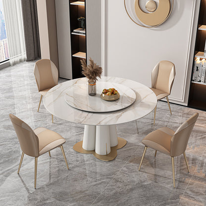 Modern Minimalist Ceramic Stone Round Dining Table with Rotating Tray - Glossy Finish