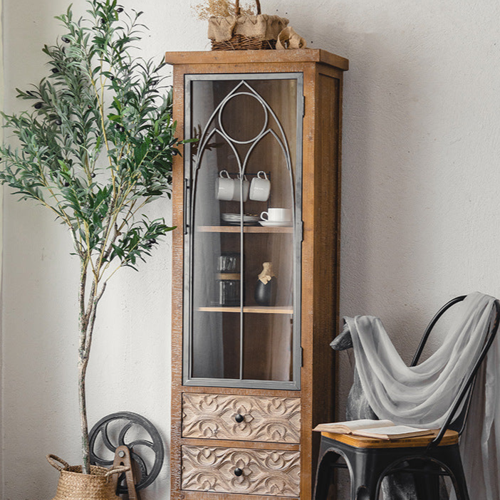 Rustic Industrial Cabinet Set with Glass Doors and Intricate Carvings