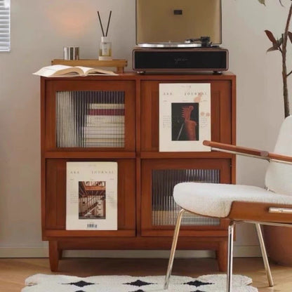 Mid-Century Modern Side Cabinet with Sliding Glass Doors and Open Shelving