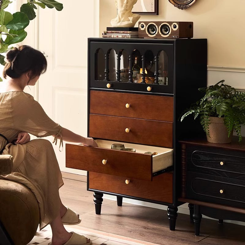 Vintage-Inspired Tall Chest of Drawers with Glass-Front Cabinet