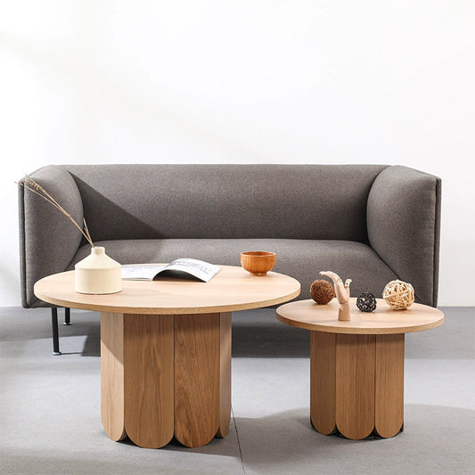 Solid Wood Round Coffee Table - Modern Scalloped Base Design