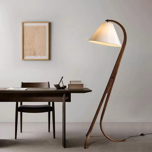 Curved Wooden Floor Lamp with Cone Shade - A Mid-Century Modern Gem