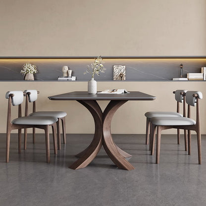 Modern Dining Table Set with Unique X-Shaped Base - Matte Rock Slab Top