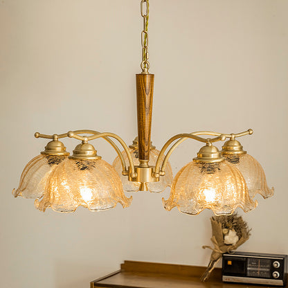 Vintage-Inspired Wooden Chandelier with Glass Shades - Rustic Charm