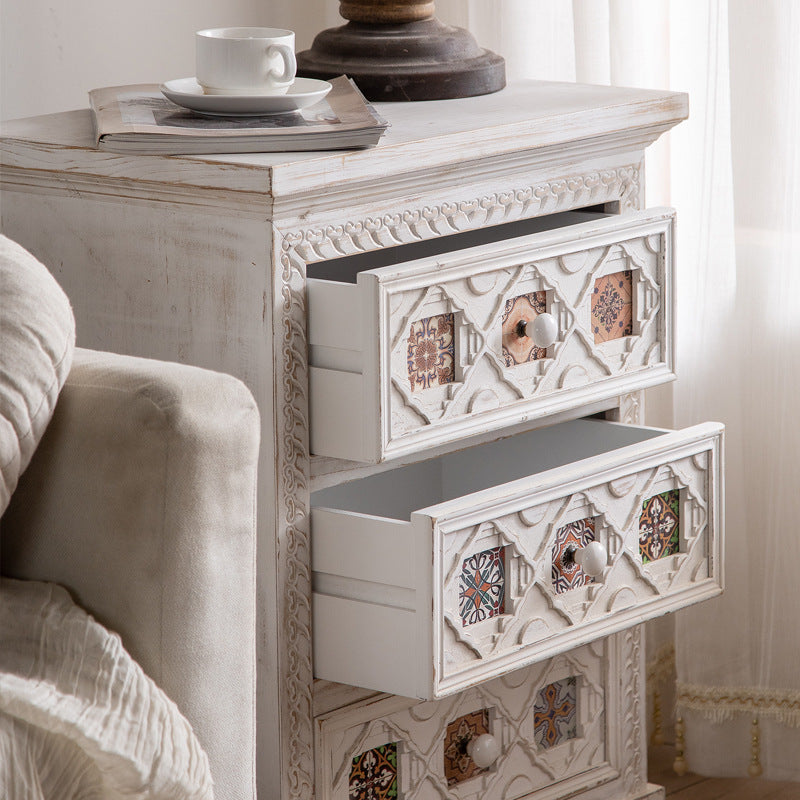 Vintage-Inspired Side Table with Intricate Carvings and Tile Details