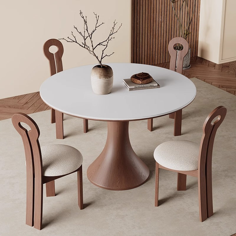 Modern Round Dining Table Set with Unique Wooden Base - Durable Rock Slab Top