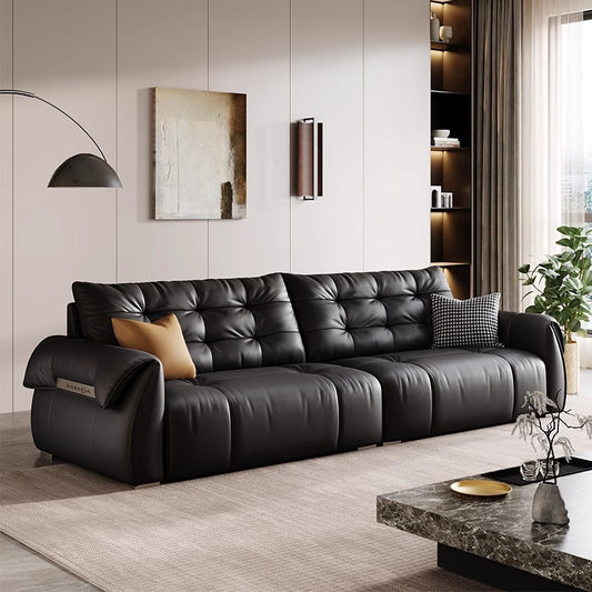 Minimalist Black Leather Straight-Line Sofa Set – Sleek Design for Modern Living Rooms